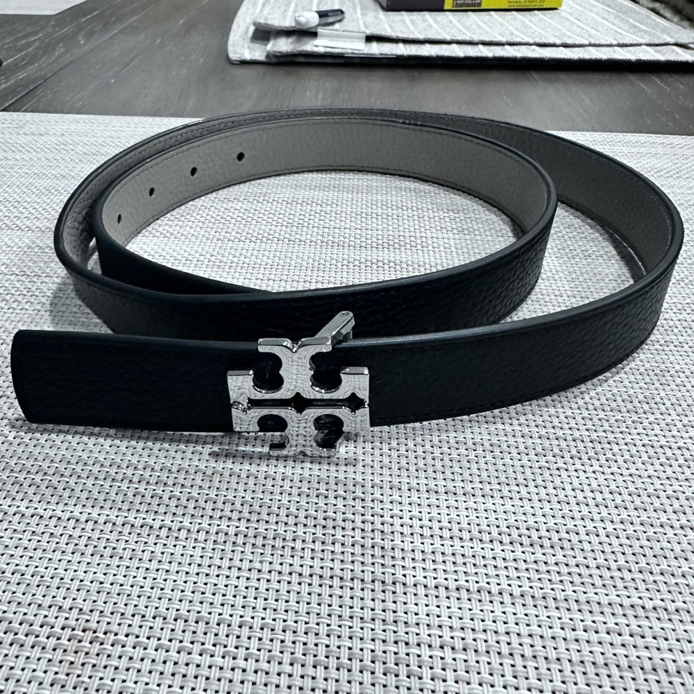 Tory Burch Black Belt with Silver Logo Buckle
